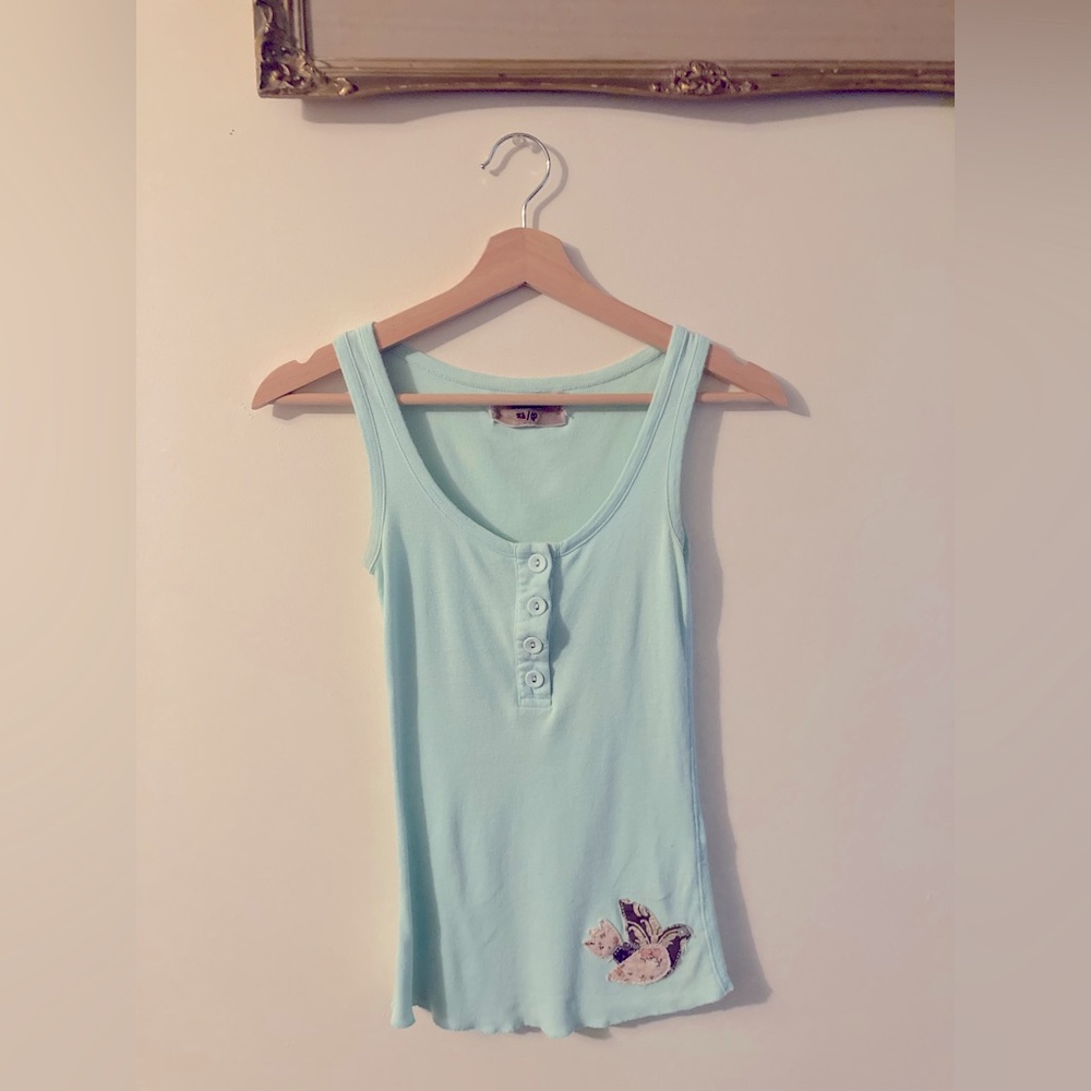 Meadow Blue Button Down Tank Top with Bird Design Folk Cottagecore Size XS